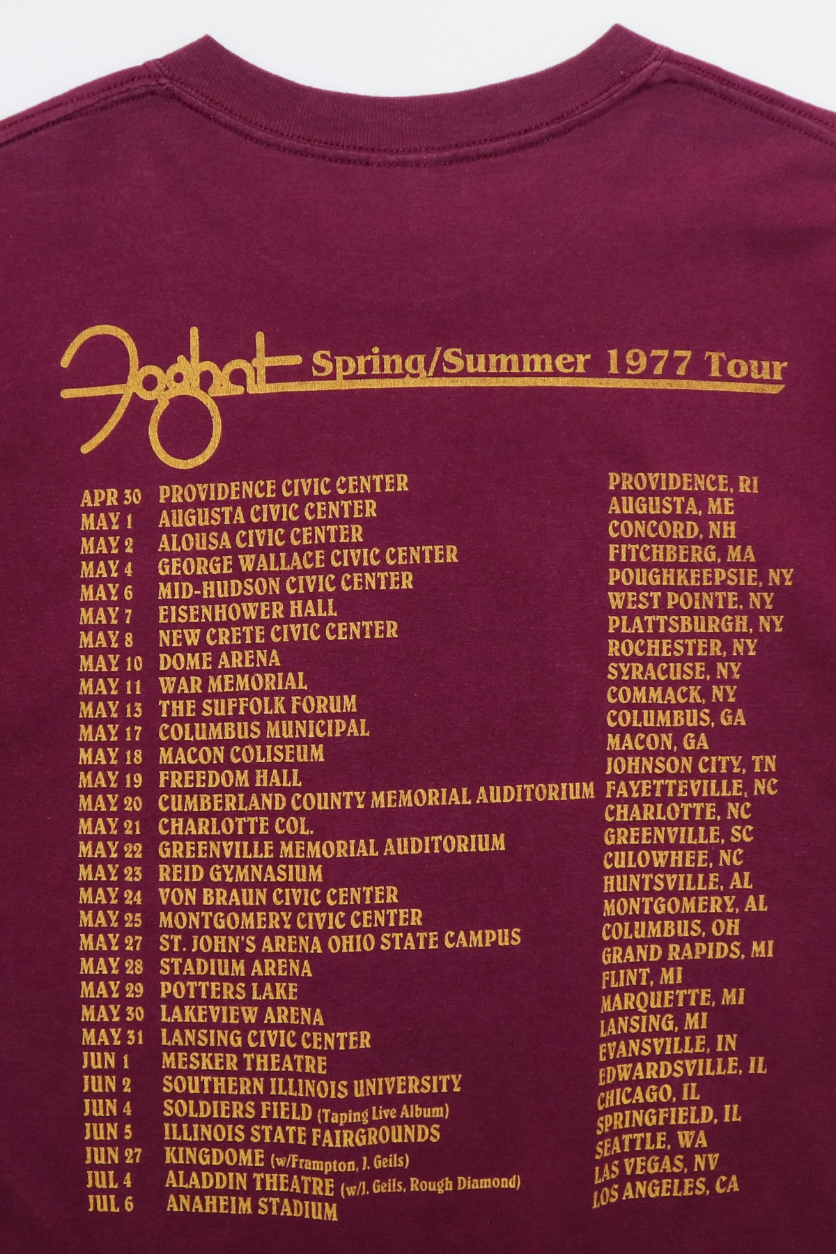 FOGHAT / SPRING SUMMER 1977 TOUR TEE SHIRTS（90s）